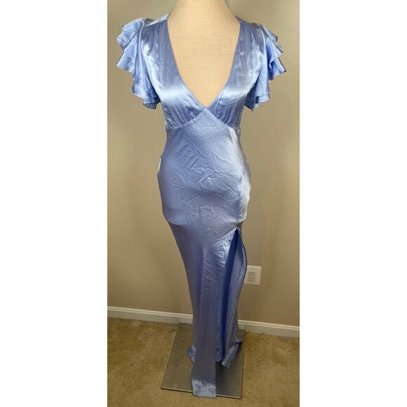 Amanda Uprichard Cecelia Silk Ruffle Sleeve Blue Maxi Dress Size Small - Picture 3 of 11
